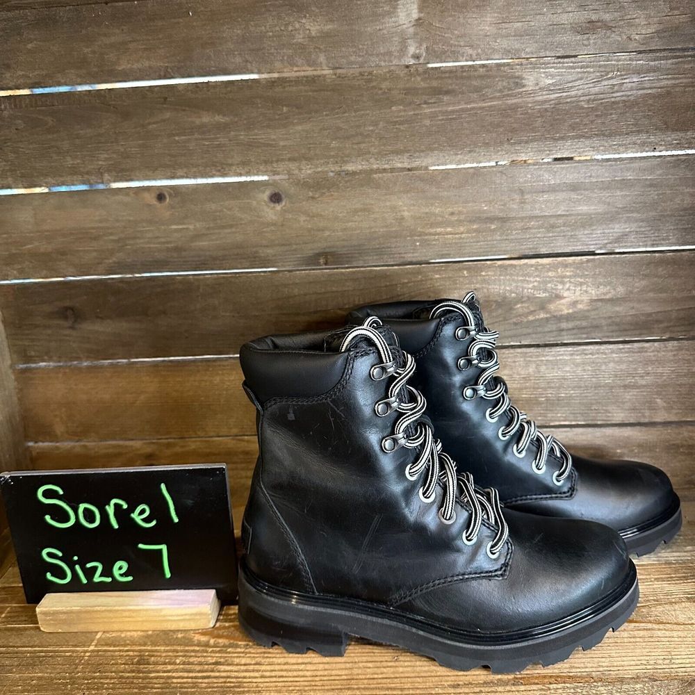 New Womens Sorel Lennox Black Leather Waterproof Cuffed Combat‎ Boots Size 7 M